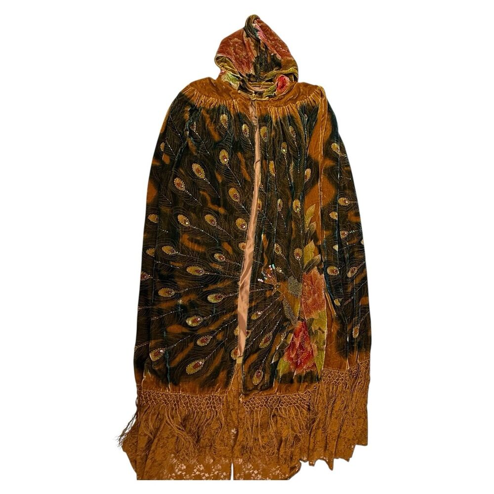 Velvet Hooded Peacock-Print Cape in Rust and Deep Green
